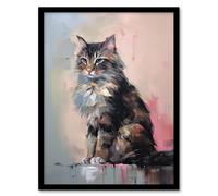 Artery8 Wall Art Print Norwegian Forest Cat Perched on Wall Oil Painting Grey Pink Brown Elegant Pet Portrait Artwork Framed | Size: W12" x H16" Artery8 Grey W12" x H16"