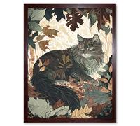 Artery8 Wall Art Print Norwegian Forest Cat Resting Under Bush Trees Modern Art Framed in Brown | Size: W12" x H16" Artery8 Brown W12" x H16"