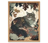 Artery8 Wall Art Print Norwegian Forest Cat Resting Under Bush Trees Modern Art Framed in Light Oak | Size: W12" x H16" Artery8 Light Oak W12" x H16"