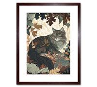 Artery8 Wall Art Print Norwegian Forest Cat Resting Under Bush Trees Modern Artwork Framed 9X7 Inch in Brown | Size: W7" x H9" Artery8 Brown W7" x H9"
