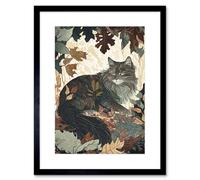 Artery8 Wall Art Print Norwegian Forest Cat Resting Under Bush Trees Modern Artwork Framed 9X7 Inch