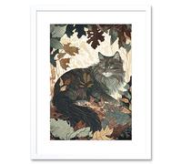 Artery8 Wall Art Print Norwegian Forest Cat Resting Under Bush Trees Modern Artwork Framed 9X7 Inch in White | Size: W7" x H9" Artery8 White W7" x H9"