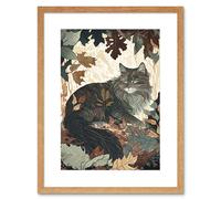Artery8 Wall Art Print Norwegian Forest Cat Resting Under Bush Trees Modern Artwork Framed 9X7 Inch in Beige | Size: W7" x H9" Artery8 Beige W7" x H9"