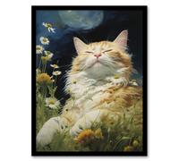 Wall Art Print Norwegian Forest Cat Sunbathing In Wildflower Meadow Oil Painting Art Framed Artery8 Black A4