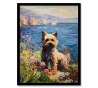 Artery8 Wall Art Print Norwich Terrier On Coastal Cliff Claude Monet Style Dog Oil Painting Art Framed in Black | Size: W12" x H16" Artery8 Black W12" x H16"