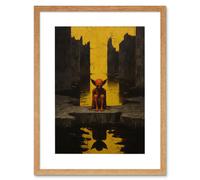 Artery8 Wall Art Print Nosferatu Lair Conceptual Art Oil Painting Yellow Sky Castle Ruins Red Demon Water Reflection Artwork Framed 9X7 Inch Artery8 Beige W7" x H9"