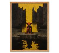 Artery8 Wall Art Print Nosferatu Lair Conceptual Art Oil Painting Yellow Sky Castle Ruins Red Demon Water Reflection Art Framed | Size: W12" x H16" Artery8 Light Oak W12" x H16"