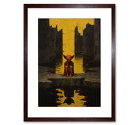 Artery8 Wall Art Print Nosferatu Lair Conceptual Art Oil Painting Yellow Sky Castle Ruins Red Demon Water Reflection Artwork Framed 9X7 Inch Artery8 Brown W7" x H9"