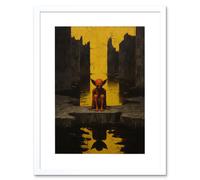 Artery8 Wall Art Print Nosferatu Lair Conceptual Art Oil Painting Yellow Sky Castle Ruins Red Demon Water Reflection Artwork Framed 9X7 Inch Artery8 White W7" x H9"
