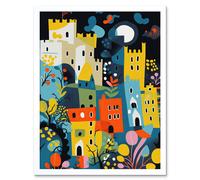 Artery8 Wall Art Print Nottingham at Night Abstract Folk Art Cityscape Art Framed in White | Size: W12" x H16" Artery8 White W12" x H16"