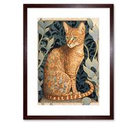 Artery8 Wall Art Print Ocicat Cat with Flower Pattern Fur Coat Art Nouveau Watercolour Artwork Framed 9X7 Inch in Brown | Size: W7" x H9" Artery8 Brown W7" x H9"