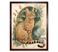 Artery8 Wall Art Print Ocicat Cat with Teal Rosette Pattern Fur & Leafy Plants Watercolour Art Framed in Brown | Size: W12" x H16" Artery8 Brown W12" x H16"