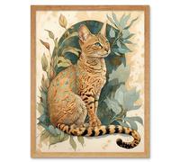 Artery8 Wall Art Print Ocicat Cat with Teal Rosette Pattern Fur & Leafy Plants Watercolour Art Framed in Light Oak | Size: W12" x H16" Artery8 Light Oak W12" x H16"