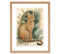 Artery8 Wall Art Print Ocicat Cat with Teal Rosette Pattern Fur & Leafy Plants Watercolour Artwork Framed 9X7 Inch in Beige | Size: W7" x H9" Artery8 Beige W7" x H9"