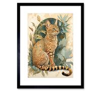 Artery8 Wall Art Print Ocicat Cat with Teal Rosette Pattern Fur & Leafy Plants Watercolour Artwork Framed 9X7 Inch in Black | Size: W7" x H9" Artery8 Black W7" x H9"