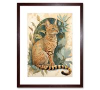 Artery8 Wall Art Print Ocicat Cat with Teal Rosette Pattern Fur & Leafy Plants Watercolour Artwork Framed 9X7 Inch in Brown | Size: W7" x H9" Artery8 Brown W7" x H9"