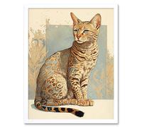 Artery8 Wall Art Print Ocicat Cat with Turquoise Rosette Pattern Fur Modern Watercolour Art Framed in White | Size: W12" x H16" Artery8 White W12" x H16"