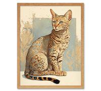 Artery8 Wall Art Print Ocicat Cat with Turquoise Rosette Pattern Fur Modern Watercolour Art Framed in Light Oak | Size: W12" x H16" Artery8 Light Oak W12" x H16"