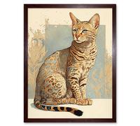 Artery8 Wall Art Print Ocicat Cat with Turquoise Rosette Pattern Fur Modern Watercolour Art Framed in Brown | Size: W12" x H16" Artery8 Brown W12" x H16"