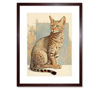 Artery8 Wall Art Print Ocicat Cat with Turquoise Rosette Pattern Fur Modern Watercolour Artwork Framed 9X7 Inch in Brown | Size: W7" x H9" Artery8 Brown W7" x H9"