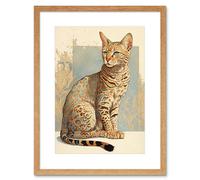 Artery8 Wall Art Print Ocicat Cat with Turquoise Rosette Pattern Fur Modern Watercolour Artwork Framed 9X7 Inch in Beige | Size: W7" x H9" Artery8 Beige W7" x H9"
