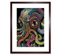 Artery8 Wall Art Print Octopus Colourful Psychedelic Patterns Orange Pink Blue Yellow Sea Ocean Artwork Framed 9X7 Inch in Brown | Size: W7" x H9" Artery8 Brown W7" x H9"