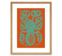 Artery8 Wall Art Print Octopus Coral Blue Red Art Framed 9x7 inch in Beige | Size: W7" x H9" Artery8 Beige W7" x H9"