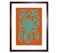 Artery8 Wall Art Print Octopus Coral Blue Red Art Framed 9x7 inch in Brown | Size: W7" x H9" Artery8 Brown W7" x H9"