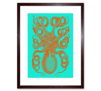 Artery8 Wall Art Print Octopus Orange Blue Art Framed 9x7 inch in Brown | Size: W7" x H9" Artery8 Brown W7" x H9"