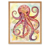 Artery8 Wall Art Print Octopus Portrait Bright Folk Art Watercolour Painting Art Framed in Light Oak | Size: W12" x H16" Artery8 Light Oak W12" x H16"