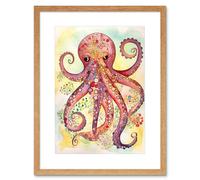 Artery8 Wall Art Print Octopus Portrait Bright Folk Art Watercolour Painting Artwork Framed 9X7 Inch in Beige | Size: W7" x H9" Artery8 Beige W7" x H9"
