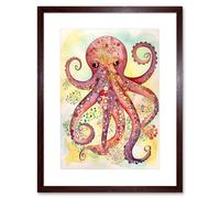 Artery8 Wall Art Print Octopus Portrait Bright Folk Art Watercolour Painting Artwork Framed 9X7 Inch in Brown | Size: W7" x H9" Artery8 Brown W7" x H9"