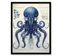 Artery8 Wall Art Print Octopus Robot Hybrid Schematic Blue Futuristic Secret Complex Arcane Manuscript Gift For Him Man Cave Art Framed | Size: A4 Artery8 Black A4