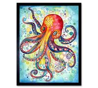 Artery8 Wall Art Print Octopus Swimming In Air Bubbles Folk Art Watercolour Painting Art Framed in Black | Size: W12" x H16" Artery8 Black W12" x H16"