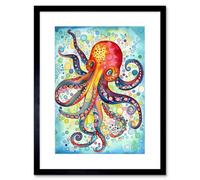 Artery8 Wall Art Print Octopus Swimming In Air Bubbles Folk Art Watercolour Painting Artwork Framed 9X7 Inch