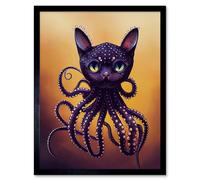 Artery8 Wall Art Print Octopussy Surreal Cat Octopus Hybrid Purple Art Framed in Black | Size: W12" x H16" Artery8 Black W12" x H16"
