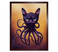 Artery8 Wall Art Print Octopussy Surreal Cat Octopus Hybrid Purple Art Framed in Brown | Size: W12" x H16" Artery8 Brown W12" x H16"