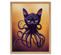 Artery8 Wall Art Print Octopussy Surreal Cat Octopus Hybrid Purple Art Framed in Light Oak | Size: W12" x H16" Artery8 Light Oak W12" x H16"