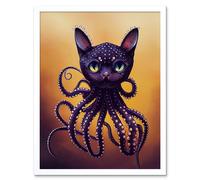 Artery8 Wall Art Print Octopussy Surreal Cat Octopus Hybrid Purple Art Framed in White | Size: W12" x H16" Artery8 White W12" x H16"