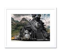 Artery8 Wall Art Print Old Steam Train Engine Mountains Framed in White | Size: W7" x H9" Artery8 White W7" x H9"