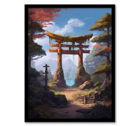 Artery8 Wall Art Print Old Torii Gate Leading to Shinto Shrine by Lake Painting Pink Green Blue Tranquil Sacred Grounds Forest Mountain Landscape Art Artery8 Multicolor W12" x H16"
