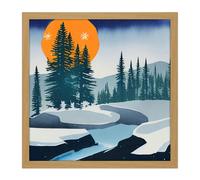 Artery8 Wall Art Print Orange Moon Mountains Pine Forest Winter River Rocks Watercolour Square Framed Picture 16X16 Inch | Size: W16" x H16" Artery8 Light Oak W16" x H16"