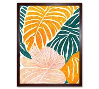 Artery8 Wall Art Print Orange Pastel Pink Green Monstera Plant Leaf Boho Linocut Art Framed in Brown | Size: W12" x H16" Artery8 Brown W12" x H16"