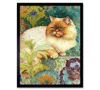 Wall Art Print Orange Persian Cat William Morris Inspired Floral Pattern Colourful Modern Art Framed Artery8 Black W12 inch x H16 inch