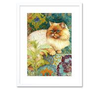 Artery8 Wall Art Print Orange Persian Cat William Morris Inspired Floral Pattern Colourful Modern Artwork Framed 9X7 Inch in White | Size: W7" x H9" Artery8 White W7" x H9"