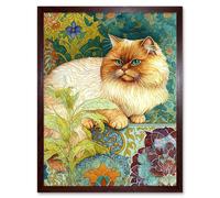 Artery8 Wall Art Print Orange Persian Cat William Morris Inspired Floral Pattern Colourful Modern Art Framed in Brown | Size: W12" x H16" Artery8 Brown W12" x H16"