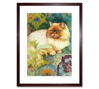 Artery8 Wall Art Print Orange Persian Cat William Morris Inspired Floral Pattern Colourful Modern Artwork Framed 9X7 Inch in Brown | Size: W7" x H9" Artery8 Brown W7" x H9"