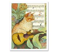 Artery8 Wall Art Print Orange Tubby Cat with Guitar & Sheet Music in Floral Art Nouveau Pattern Art Framed in White | Size: W12" x H16" Artery8 White W12" x H16"