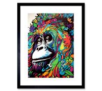 Artery8 Wall Art Print Orangutan with Flowers Graffiti Colourful Psychedelic Nature Spirit Animal Great Ape Artwork Framed 9X7 Inch | Size: W7" x H9" Artery8 Black W7" x H9"