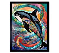 Artery8 Wall Art Print Orca Jumping Out Of Sunset Colour Waves Folk Art Framed in Black | Size: W12" x H16" Artery8 Black W12" x H16"